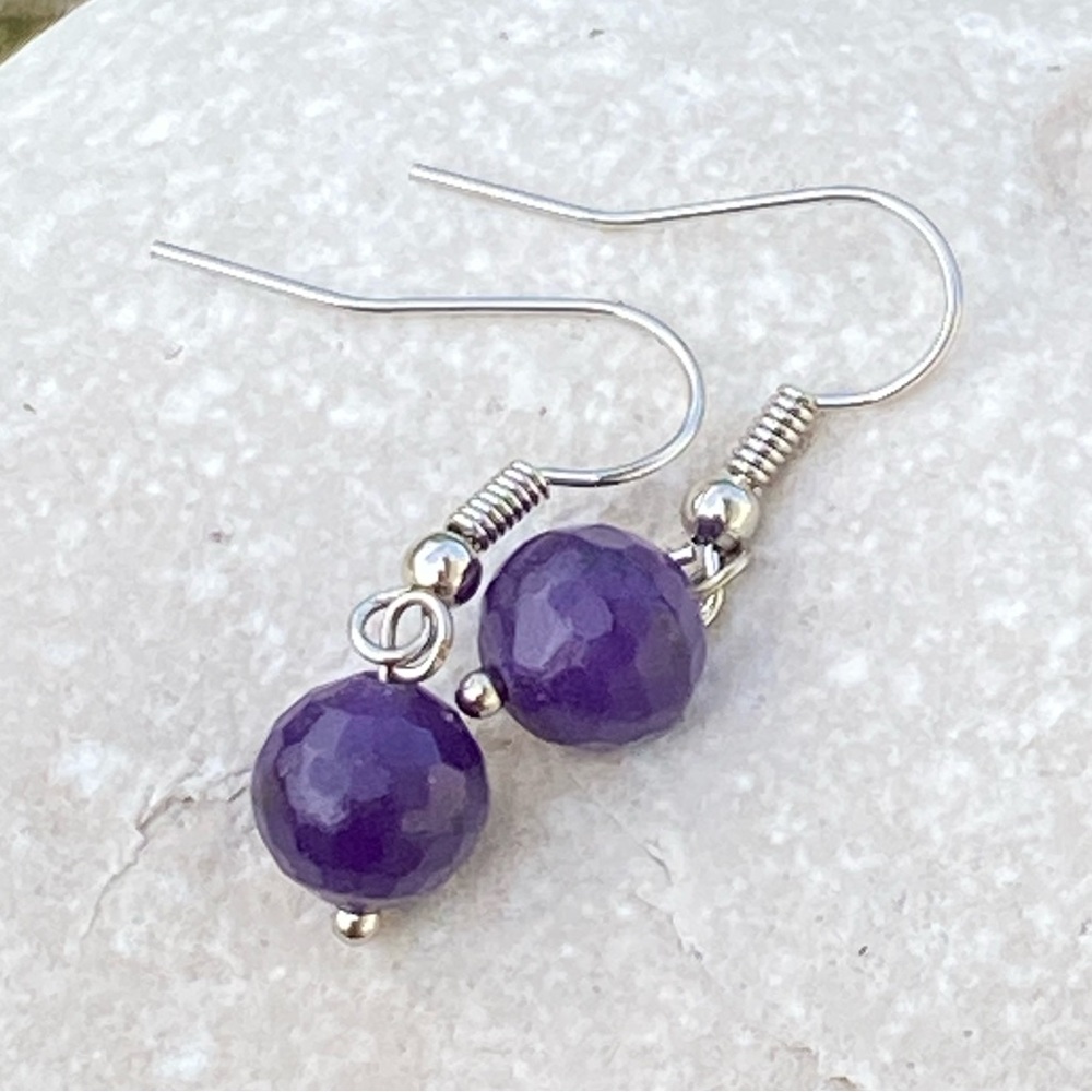 Amethyst glass bead earrings 8 mm faceted amethyst round ball dangles